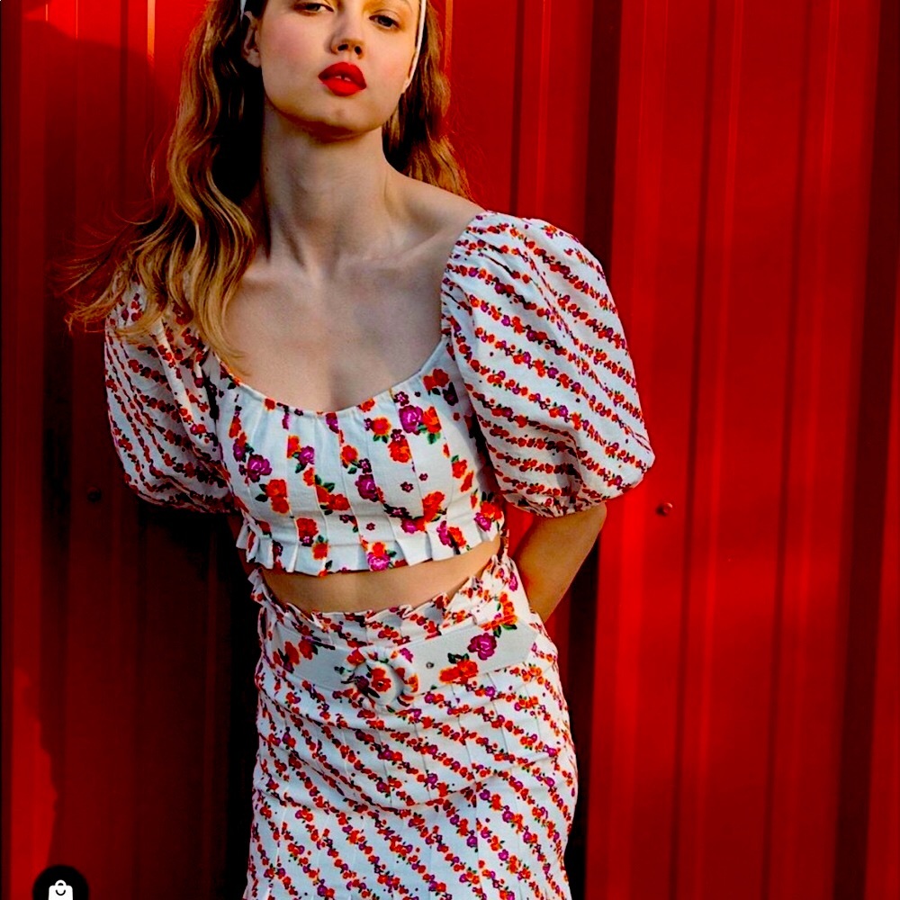 For Love & Lemons White Floral Puff Sleeve Crop Top and Skirt Set size L